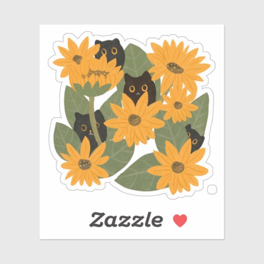 Niedliche Schwarze Katze und Sonnenblumen Aufkleber (Blatt)
