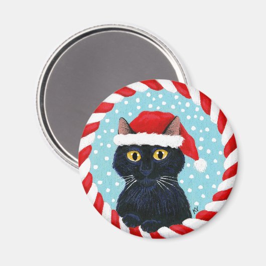 Niedliche Schwarze Katze, Weihnachtsmannmütze, Wei Magnet (Vorderseite/Rückseite)