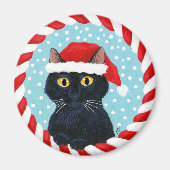 Niedliche Schwarze Katze, Weihnachtsmannmütze, Wei Magnet (Vorne)