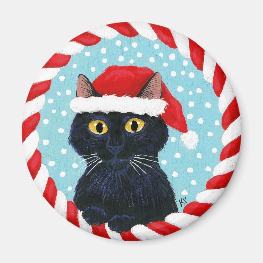 Niedliche Schwarze Katze, Weihnachtsmannmütze, Wei Magnet (Vorne)