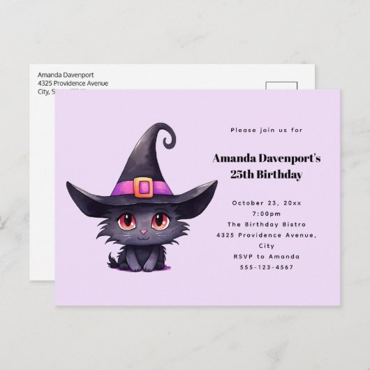 Niedliche Schwarze Katze zum Geburtstag einer Hexe Einladungspostkarte (Vorne/Hinten)