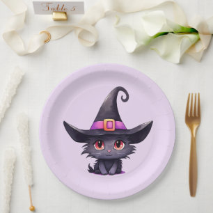 Niedliche Schwarze Katze zum Geburtstag einer Hexe Pappteller