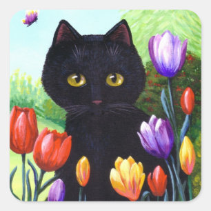 Niedliche Schwarze Katzen Blume Tulips Creationart Quadratischer Aufkleber