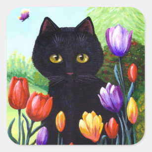 Niedliche schwarze Katzen-Blumen-Tulpen Quadratischer Aufkleber
