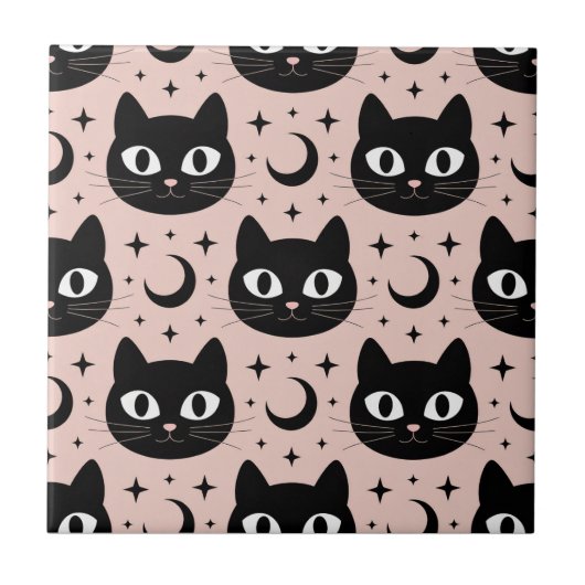 Niedliche Schwarze Katzen & Himmelskörper Hallowee Fliese (Vorderseite)