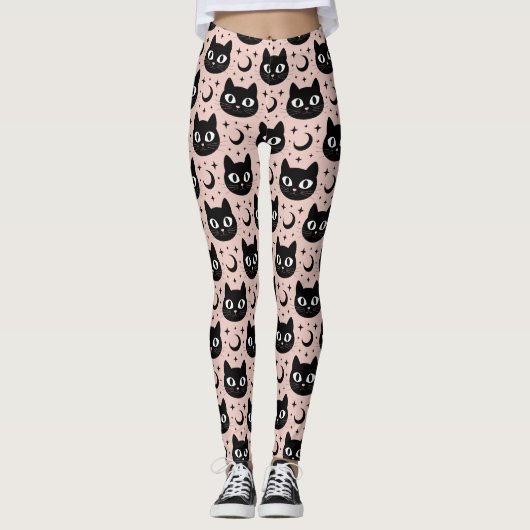 Niedliche Schwarze Katzen & Himmelskörper Hallowee Leggings (Vorderseite)