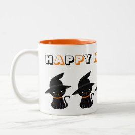 Niedliche Schwarze Katzen mit Hexenhüten Happy Hal Zweifarbige Tasse