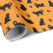 Niedliche Schwarze Katzen Paw Prints Orange Hallow Geschenkpapier (Rolleneckpunkt)