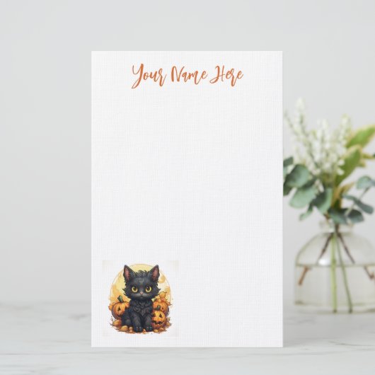 Niedliche Schwarze Kitten mit Jack-O-Lanterns Hall Briefpapier (Stehend Vorderseite)