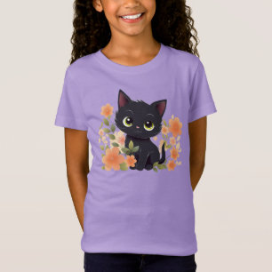 Niedliche Schwarze Kitten und Blume T-Shirt