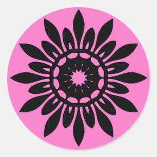 Niedliche schwarze Mandala-Blume auf Rosa Runder Aufkleber