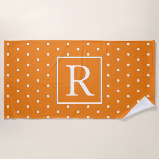 Niedliche Schwarze Polka Dots Orange Monogram Init Strandtuch (Vorderseite)