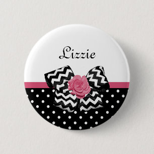 Niedliche schwarze Punkte Rosa Zickzack Bow und Na Button