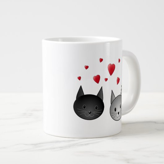 Niedliche Schwarze und Graue Katzen, mit Herz. Jumbo-Tasse (Vorderseite Rechts)