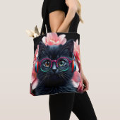 Niedliche Schwarzkatze mit Brille und Kopfhörern Tasche (Von Nahem)