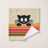 Niedliche Schwarzkatze mit Retrostreifen Badhandtuch Set (Waschlappen)