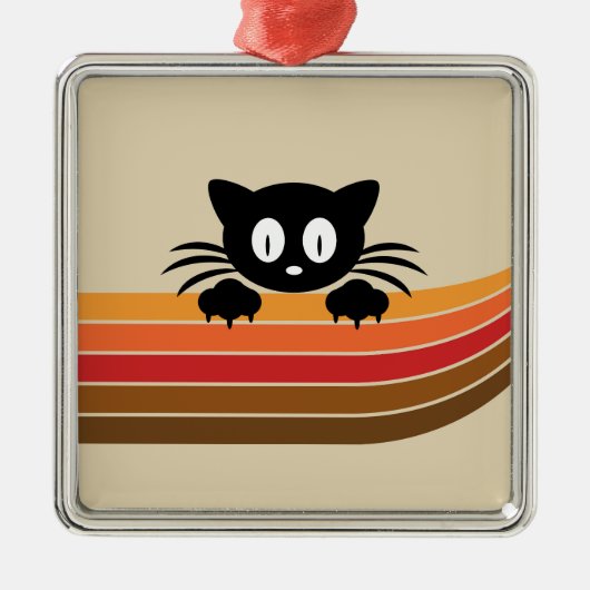 Niedliche Schwarzkatze mit Retrostreifen Ornament Aus Metall (Vorne)