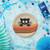 Niedliche Schwarzkatze mit Retrostreifen Pappteller (Party)