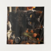 Niedliche Schwarzkatze und Blume Wandteppich (Vorderseite (Horizontal))
