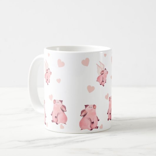 Niedliche Schweine mit Kissing geflügelte Rosa Kaffeetasse (Vorderseite Links)