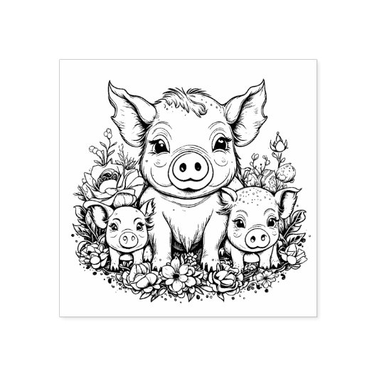 Niedliche Schweine und Ferkel bei Blume Gummistempel (Prägung)