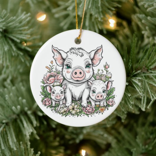 Niedliche Schweine und Ferkel bei Blume Keramik Ornament (Baum)