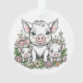 Niedliche Schweine und Ferkel bei Blume Ornament