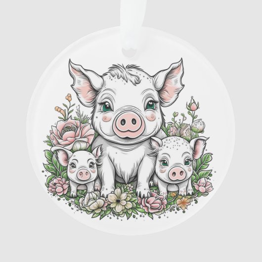 Niedliche Schweine und Ferkel bei Blume Ornament (Vorderseite)