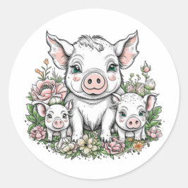 Niedliche Schweine und Ferkel bei Blume Runder Aufkleber