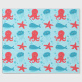 Niedliche Schwimmen blaue rotes Seegeschöpfquallen Geschenkpapier (Flach)