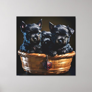Niedliche Scottie Terrier Welpen in einem Aktionsk Leinwanddruck