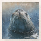 Niedliche Seelöwe GesichtAquarell Wildnis Glasuntersetzer (Vorderseite)