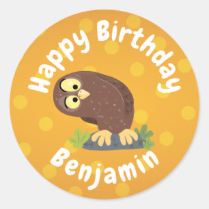 Niedliche, seltsame, lustige Uhu-Cartoon-Illustrat Runder Aufkleber