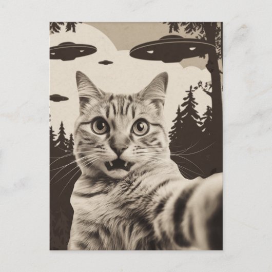 Niedliche Sepia Kitty und UFO Postkarte (Vorderseite)
