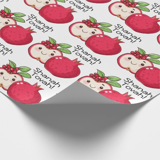 Niedliche Shana Tova mit Apfel und Granatapfel Geschenkpapier (Ecke)