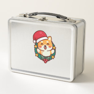 Niedliche Shiba Inu Lächeln mit Xmas Hat Active Metall Brotdose