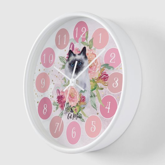Niedliche Siamesen Katze Pink Blume Girly Uhr (Winkel)