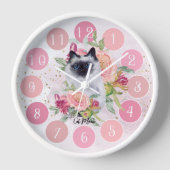 Niedliche Siamesen Katze Pink Blume Girly Uhr (Vorderseite)