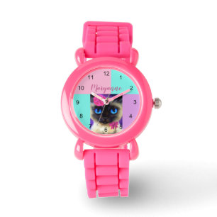 Niedliche Siamesen Katze Rosa Glitzer Name Illustr Armbanduhr