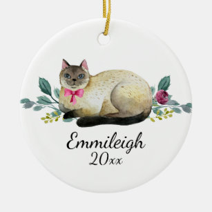 Niedliche siamesische Katze Floral im Personalisie Keramik Ornament