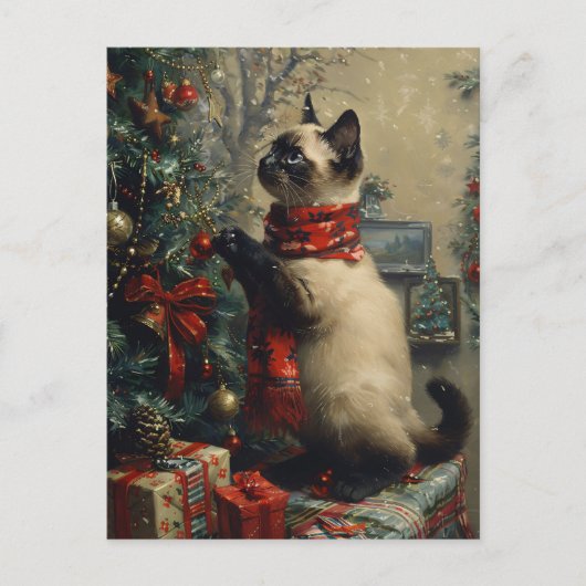 Niedliche siamesische Katze Weihnachten Vintag Postkarte (Vorderseite)