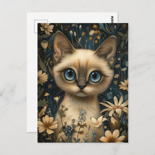 Niedliche Siamkatze im Blumengarten - Whimsikum Postkarte (Vorne/Hinten)
