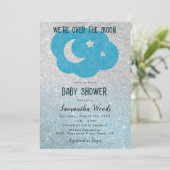 Niedliche Silver and Blue Glitzer Moon Baby Dusche Einladung (Stehend Vorderseite)