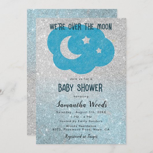 Niedliche Silver and Blue Glitzer Moon Baby Dusche Einladung (Vorne/Hinten)