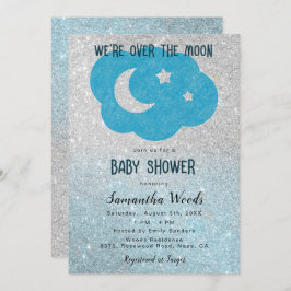 Niedliche Silver and Blue Glitzer Moon Baby Dusche Einladung