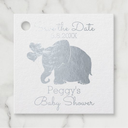 Niedliche Silver Elephant Babydusche Save the Date Geschenkanhänger (Vorderseite)