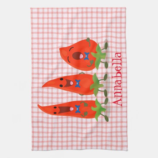 Niedliche Singen Chili Paprikaschoten Cartoon Illu Geschirrtuch (Vertikal)