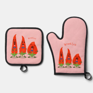 Niedliche Singen Chili Paprikaschoten Cartoon Illu Ofenhandschuh & Topflappen-Set