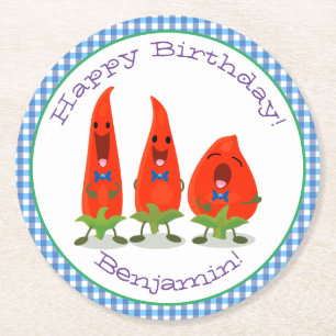 Niedliche Singen Chili Paprikaschoten Cartoon Illu Runder Pappuntersetzer