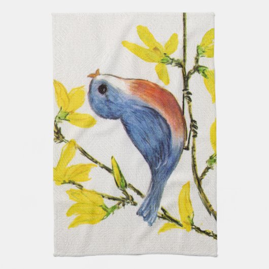 Niedliche Singing Blue Bird Tree Branch Geschirrtuch (Vertikal)